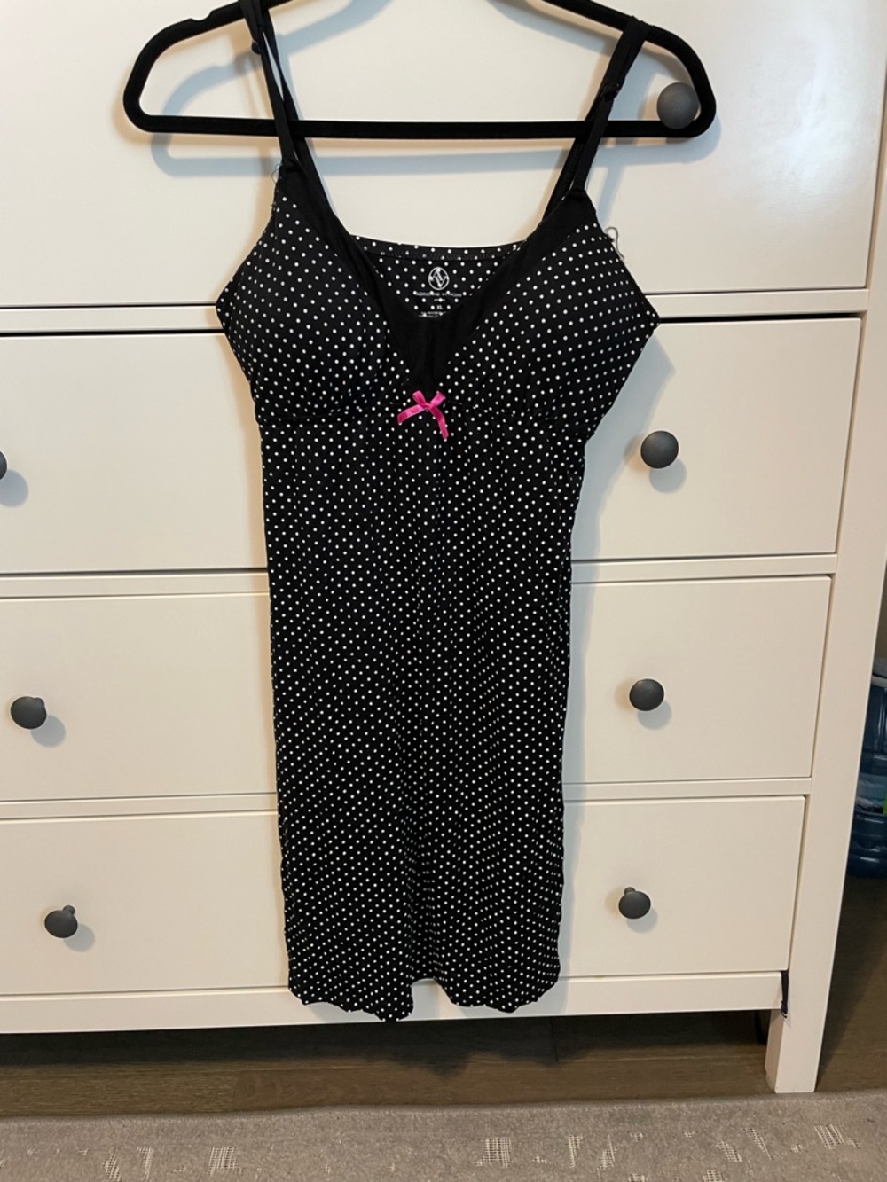 Adrienne Vittadini Black Polka Dot Chemise with Pink Bow Accent